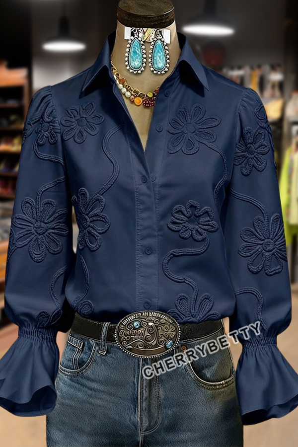 Elegant Textured Flower Bell Sleeve Button Up Blouse