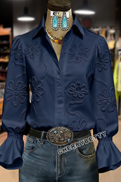 Elegant Textured Flower Bell Sleeve Button Up Blouse