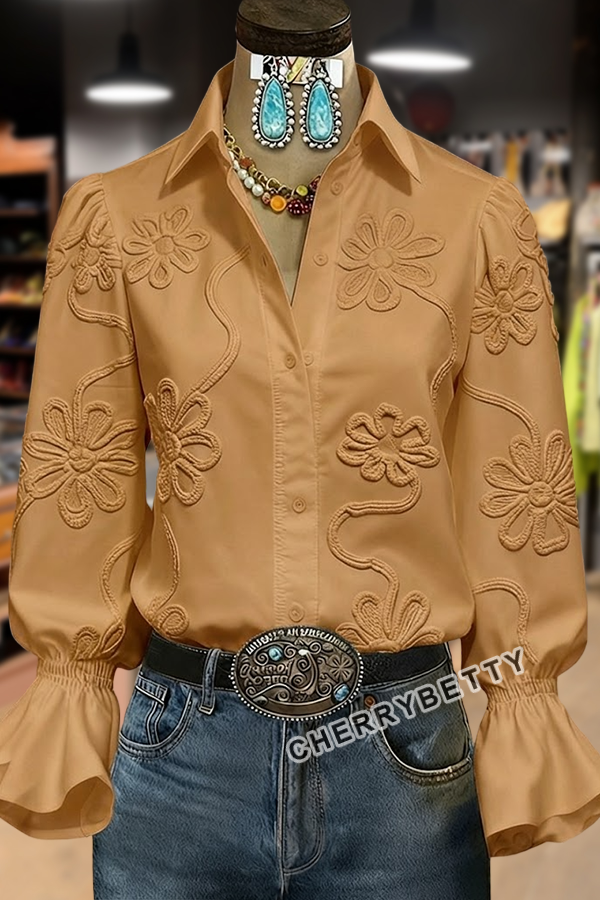 Elegant Textured Flower Bell Sleeve Button Up Blouse
