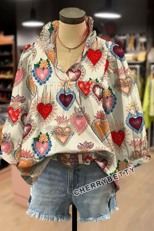Vintage Heart Print V-Neck Bubble Sleeve Top